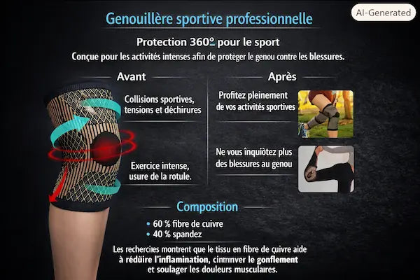 🍃  Genouillère en cuivre pour la douleur et le soutien de l'arthrite, manchon de genou en cuivre pour la douleur au genou, manchon de Compression pour le sport, soulagement de la douleur au genou